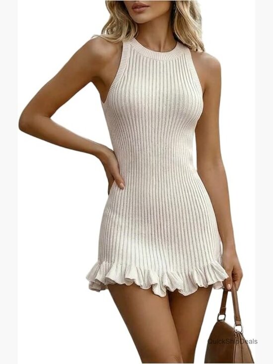 Dresses & Skirts - Sleeveless Ruffle Mini Dress Ribbed Knit Crewneck Bodycon Summer
